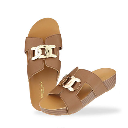 Full view of Thomas Chan's Metallic Buckle H-Flatform Sandals in camel, a bold metallic gold buckle across the H-strap and LiteStep flatform footbed.