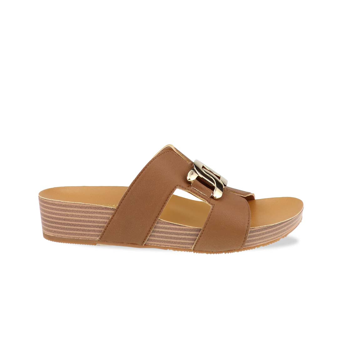 Side view of Thomas Chan's Metallic Buckle H-Flatform Sandals in camel, a bold metallic gold buckle across the H-strap and LiteStep flatform footbed.