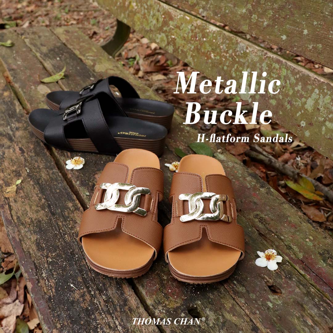 Metallic Buckle H-Flatform Sandals