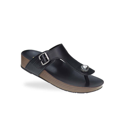 Diagonal view of Thomas Chan’s Dazzle Crystal Adjustable Flip-Flops in black, featuring a sparkling crystal stone, adjustable buckle strap, and LiteStep flatform footbed, highlighting their casual yet elegant style.