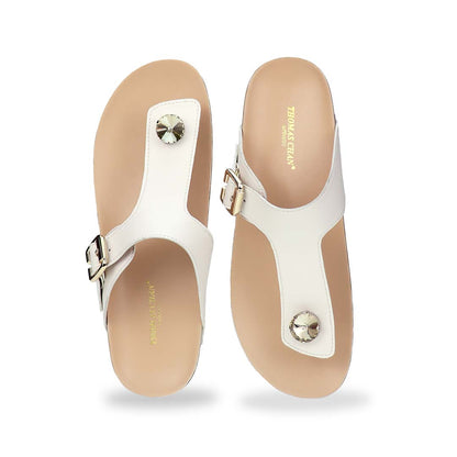 Front view of Thomas Chan’s Dazzle Crystal Adjustable Flip-Flops in ivory, featuring a sparkling crystal stone, adjustable buckle strap, and LiteStep flatform footbed, highlighting their casual yet elegant style.