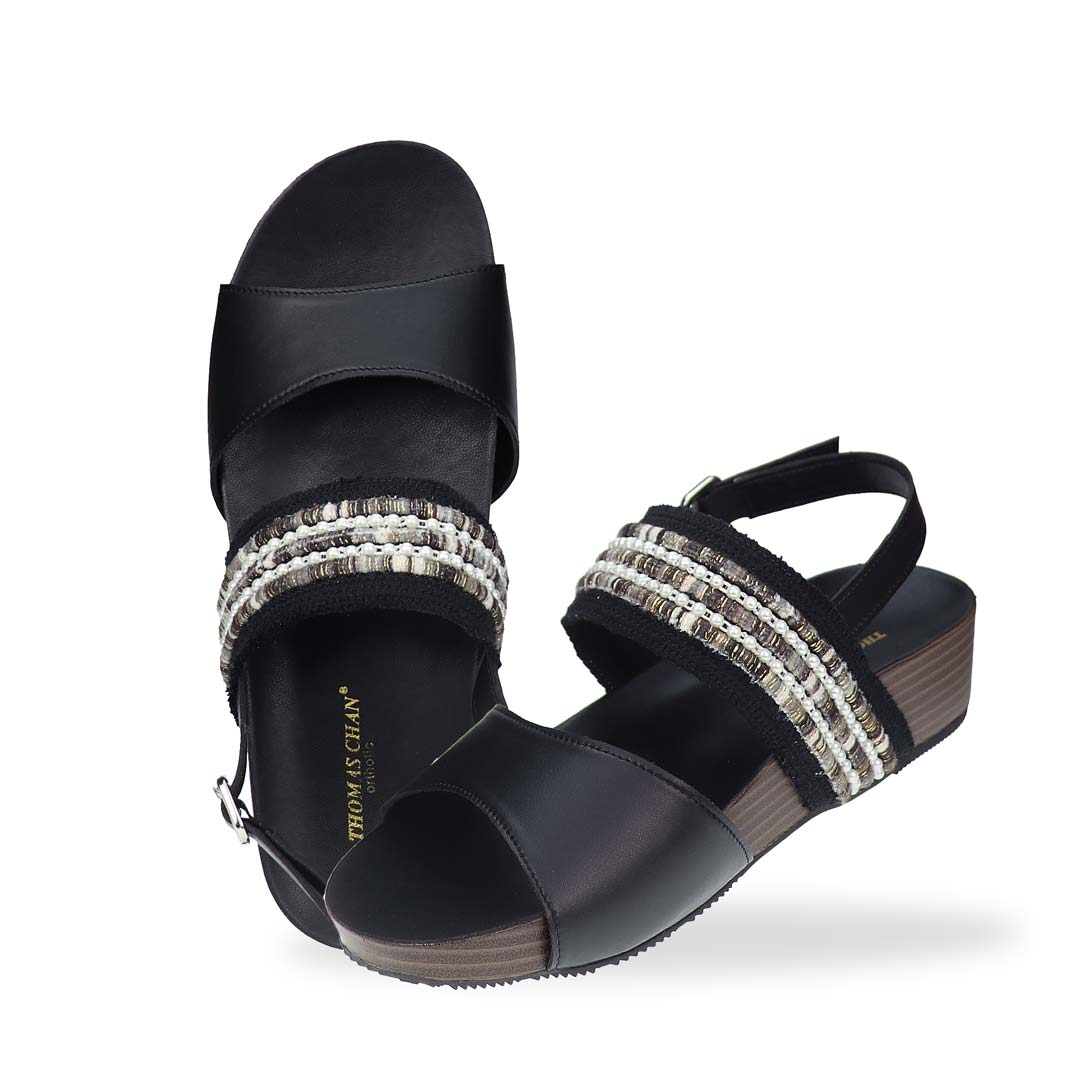 Full view of Thomas Chan’s Summer Love Duo-Strap Slingback Sandals in black, featuring elegant duo straps, a secure slingback design, and a LiteStep flatform sole with light arch support, highlighting their casual yet sophisticated style.