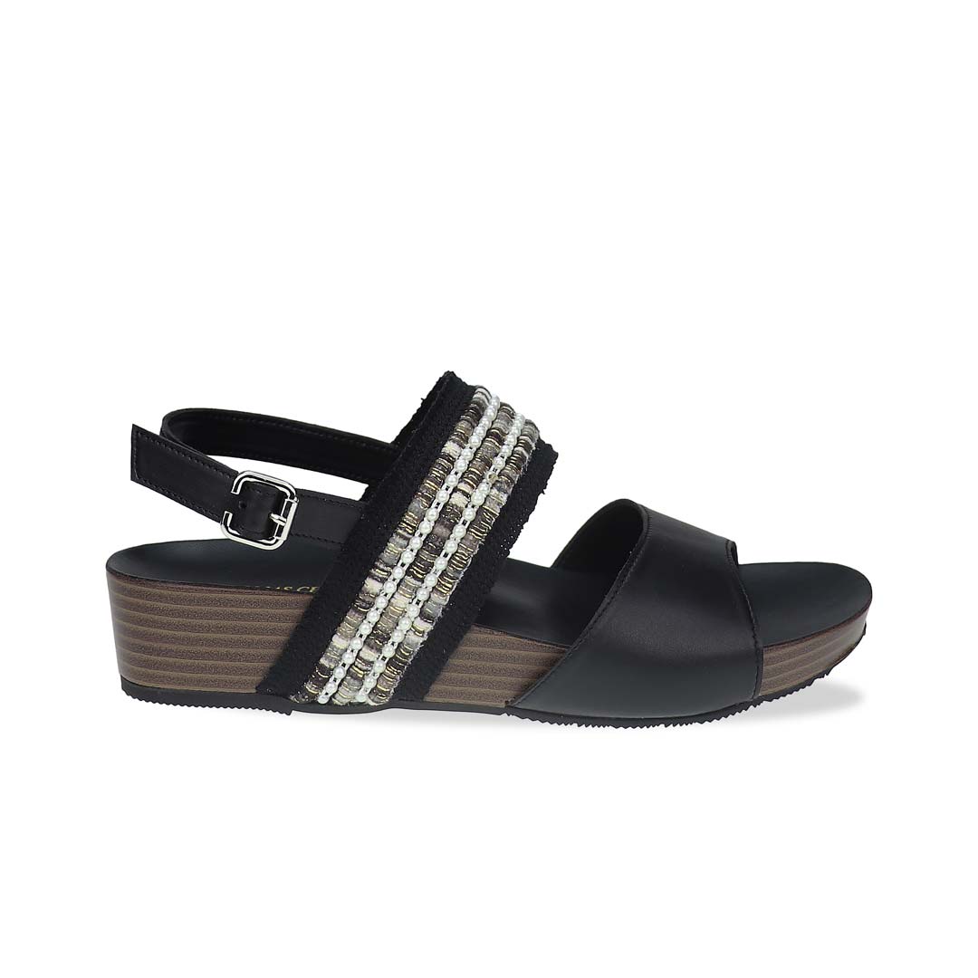 Side view of Thomas Chan’s Summer Love Duo-Strap Slingback Sandals in black, featuring elegant duo straps, a secure slingback design, and a LiteStep flatform sole with light arch support, highlighting their casual yet sophisticated style.