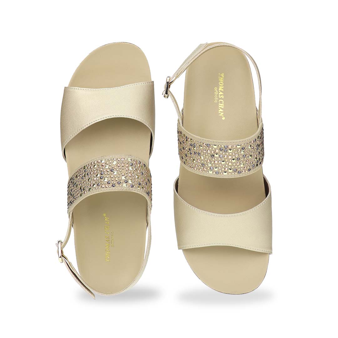 Front view of Thomas Chan’s Summer Love Duo-Strap Slingback Sandals in gold, featuring elegant duo straps, a secure slingback design, and a LiteStep flatform sole with light arch support, highlighting their casual yet sophisticated style.