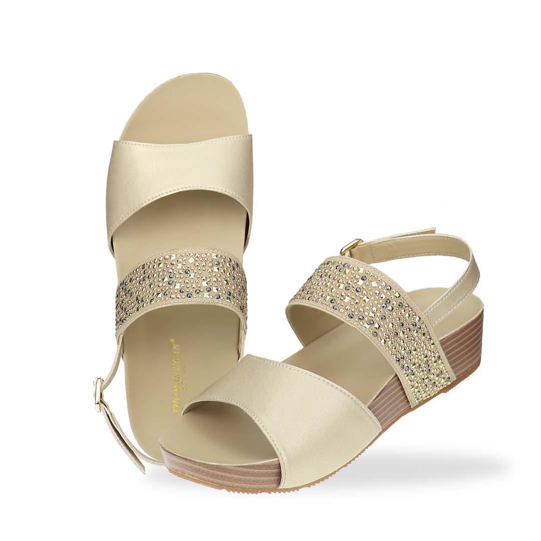 Full view of Thomas Chan’s Summer Love Duo-Strap Slingback Sandals in gold, featuring elegant duo straps, a secure slingback design, and a LiteStep flatform sole with light arch support, highlighting their casual yet sophisticated style.