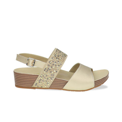 Side view of Thomas Chan’s Summer Love Duo-Strap Slingback Sandals in gold, featuring elegant duo straps, a secure slingback design, and a LiteStep flatform sole with light arch support, highlighting their casual yet sophisticated style.