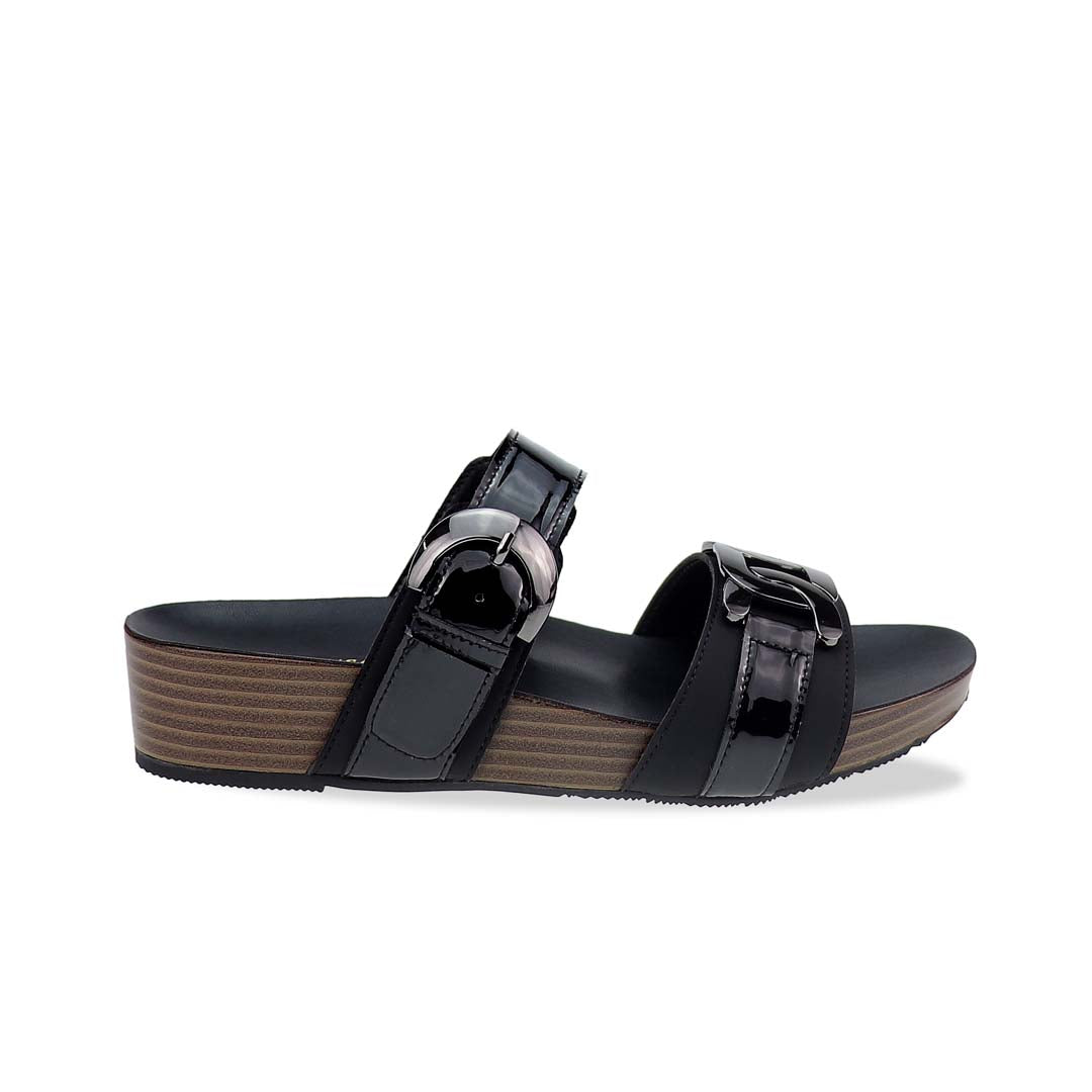 Side view of Thomas Chan’s Metallic Duo-Strap Adjustable Sandals in black, showcasing sleek metallic straps, an adjustable buckle for a perfect fit, and a LiteStep flatform footbed for added comfort.