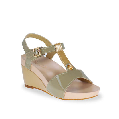 Diagonal view of Thomas Chan Ivory green & gold T-strap design with colour-matching detail comfortable wedge sandal shoe.