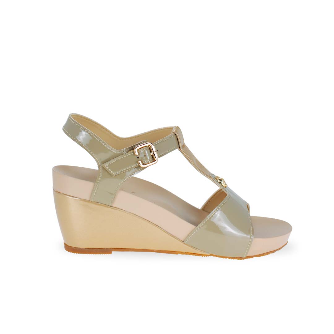 Side view of Thomas Chan Ivory green & gold T-strap design with colour-matching detail comfortable wedge sandal shoe.