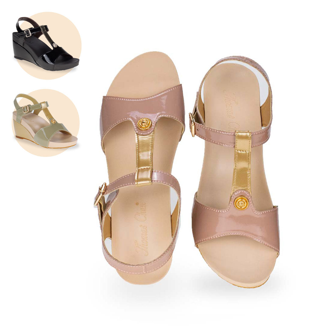 Thomas Chan T-strap ankle stripe design with colour-matching detail comfortable wedge sandal shoe, featuring built-in arch-support insoles for enhanced comfort and ease of walking. Available in pink, ivory green & black colours.