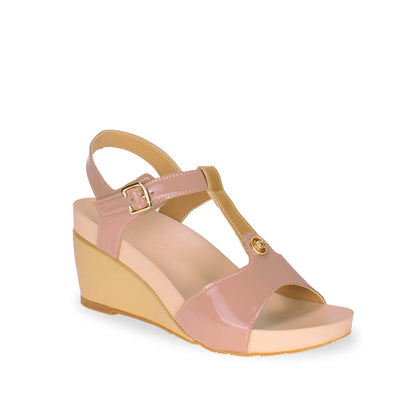 Diagonal view of Thomas Chan pink gold T-strap design with colour-matching detail comfortable wedge sandal shoe.