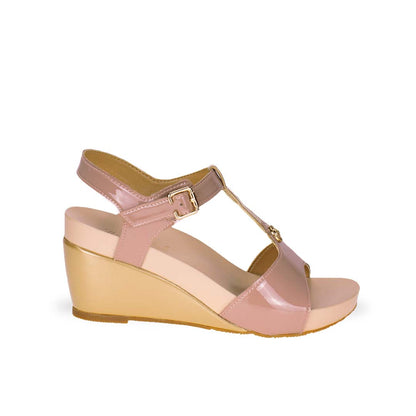 Side view of Thomas Chan pink gold T-strap design with colour-matching detail comfortable wedge sandal shoe.