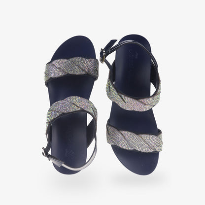 Front view of Thomas Chan's high-heeled wedge sandals in vibrant blue, featuring intricate diamond braiding and a chic slingback design with buckle