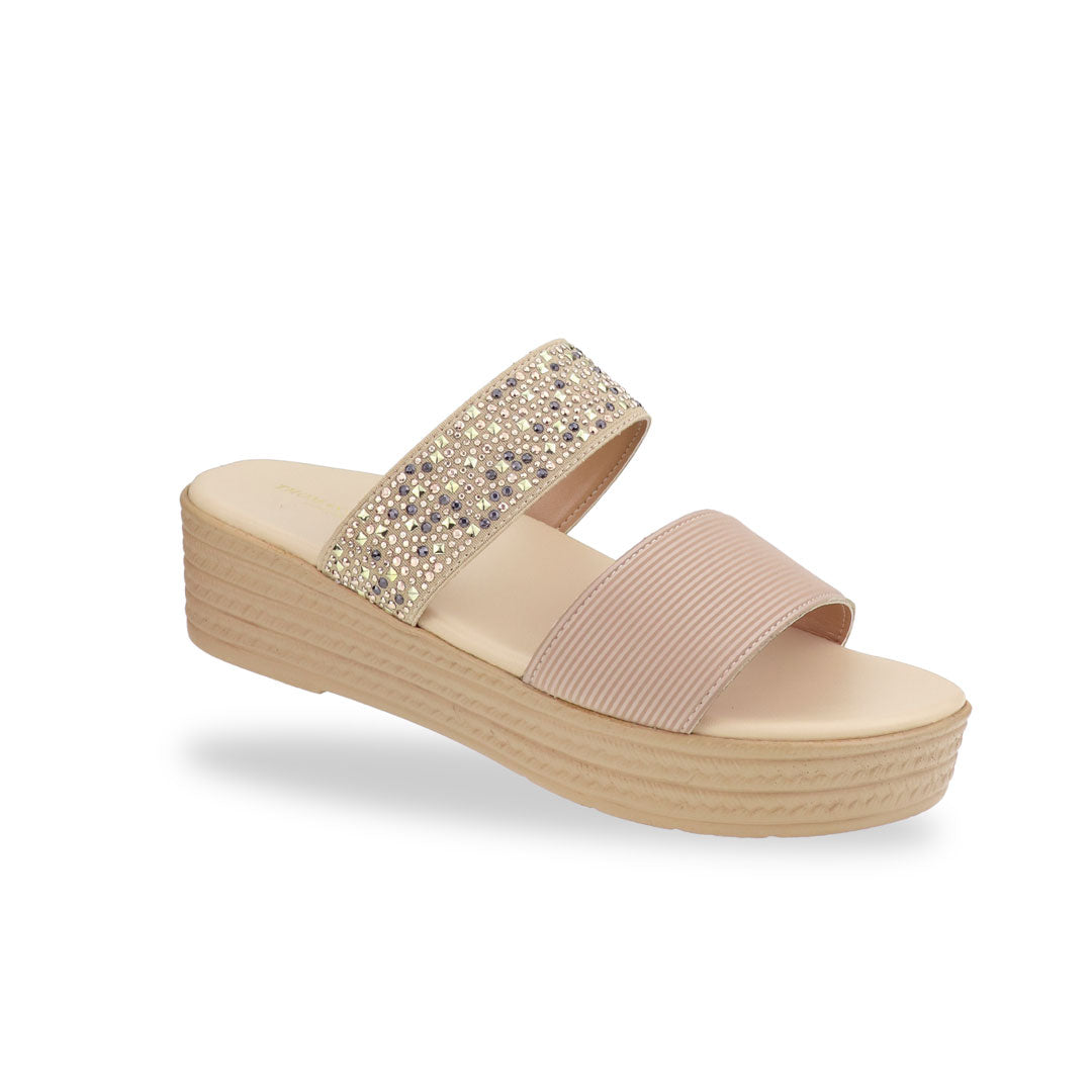 Diagonal view of Thomas Chan Boho Rhinesstone Flatform sandals in cream, featuring a comfort cushioned footbed.  The platform, with a cream braided element, measures 3cm at the front and 5cm at the back.