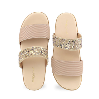 Front view of Thomas Chan Boho Rhinesstone Flatform sandals in cream, featuring a comfort cushioned footbed.  The platform, with a cream braided element, measures 3cm at the front and 5cm at the back.