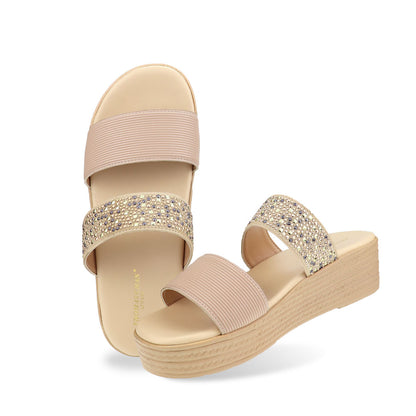 Full view of Thomas Chan Boho Rhinesstone Flatform sandals in cream, featuring a comfort cushioned footbed.  The platform, with a cream braided element, measures 3cm at the front and 5cm at the back.