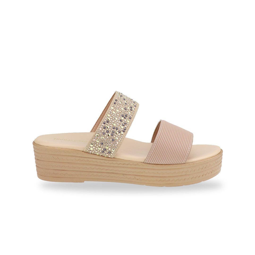 Side view of Thomas Chan Boho Rhinesstone Flatform sandals in cream, featuring a comfort cushioned footbed.  The platform, with a cream braided element, measures 3cm at the front and 5cm at the back.