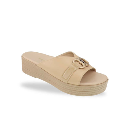 Diagonal view of the Thomas Chan Minimalist Buckle Flatform Sandals in cream, showcasing an elegant infinity buckle with the signature 'T' logo and a cushioned footbed for ultimate comfort. The platform, with a cream braided element, measures 3cm at the front and 5cm at the back.