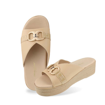 Full view of the Thomas Chan Minimalist Buckle Flatform Sandals in cream, showcasing an elegant infinity buckle with the signature 'T' logo and a cushioned footbed for ultimate comfort. The platform, with a cream braided element, measures 3cm at the front and 5cm at the back.