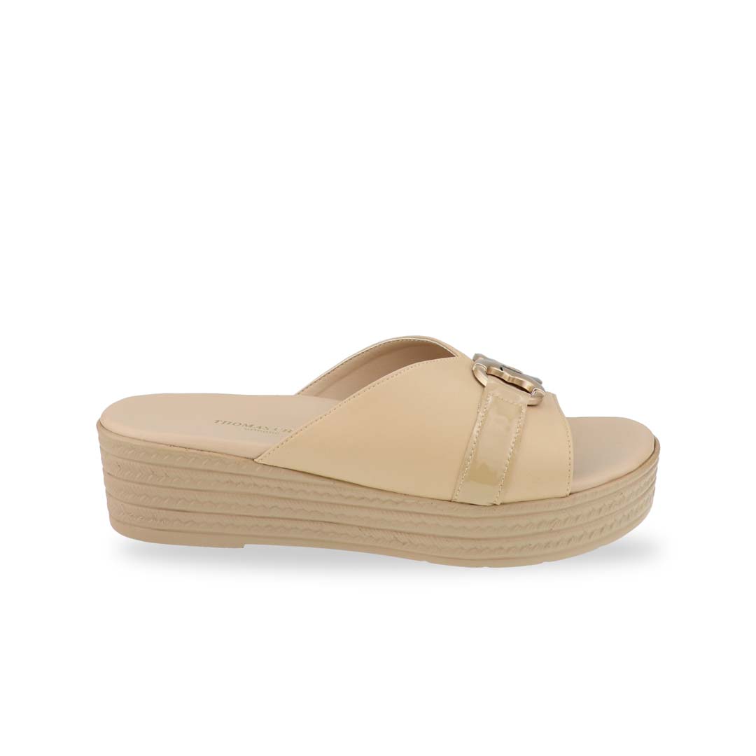 Side view of the Thomas Chan Minimalist Buckle Flatform Sandals in cream, showcasing an elegant infinity buckle with the signature 'T' logo and a cushioned footbed for ultimate comfort. The platform, with a cream braided element, measures 3cm at the front and 5cm at the back.