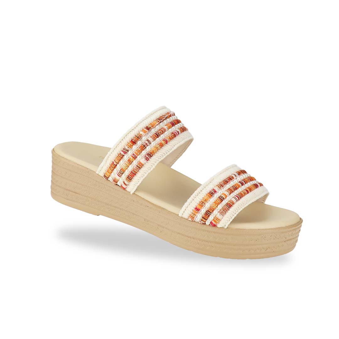 Diagonal view of Thomas Chan Summer Love Boho low platform sandals in orange and white embroidery, featuring a comfort footbed. The platform, with a light brown braided element, measures 3cm at the front and 5cm at the back.