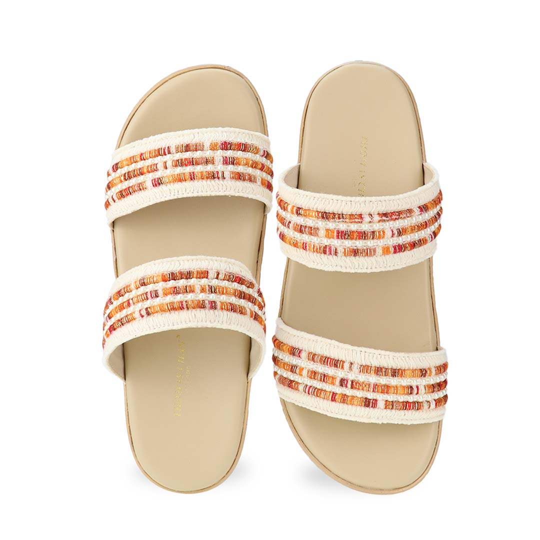 Front view of Thomas Chan Summer Love Boho low platform sandals in orange and white embroidery, featuring a comfort footbed. 