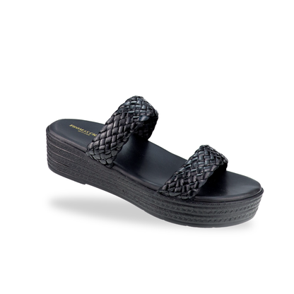 Diagonal view of Thomas Chan Braided Strap Flatform Sandals in black, featuring a comfort cushioned footbed.  The platform, with a black braided element, measures 3cm at the front and 5cm at the back.