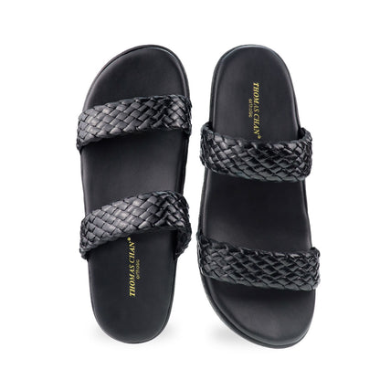 Front view of Thomas Chan Braided Strap Flatform Sandals in black, featuring a comfort cushioned footbed.  The platform, with a black braided element, measures 3cm at the front and 5cm at the back.