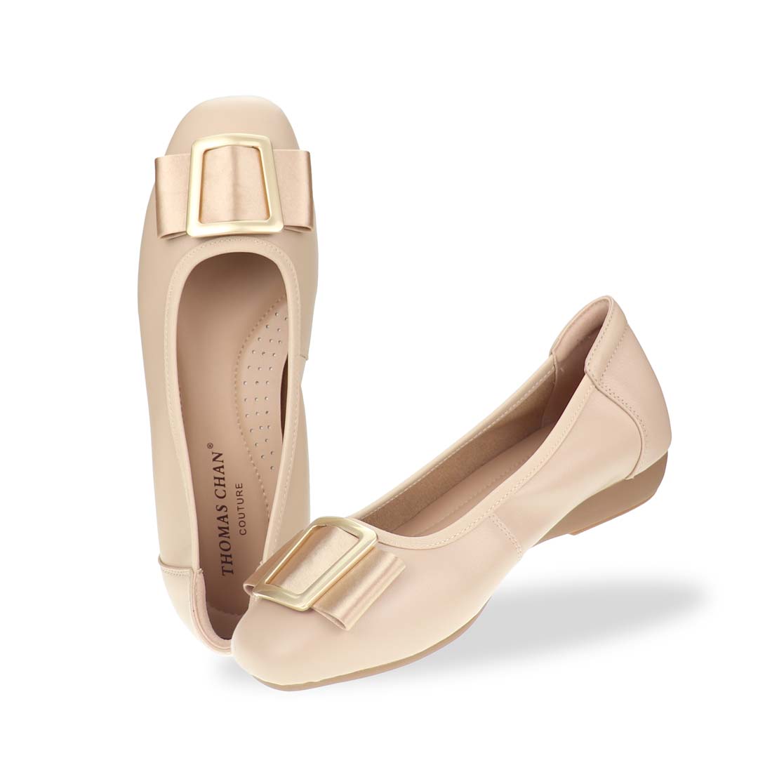 A full & side view of the Thomas Chan's Soft Calf Leather Ribbon Ballet Pumps in cream, highlighting the 1-inch heel, wider fit design, and sleek silhouette.