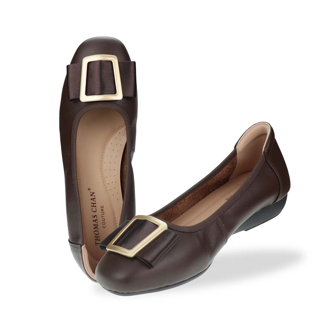 A full & side view of the Thomas Chan's Soft Calf Leather Ribbon Ballet Pumps in dark brown, highlighting the 1-inch heel, wider fit design, and sleek silhouette.