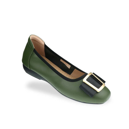  A close-up diagonal view of Thomas Chan's Soft Calf Leather Ribbon Ballet Pumps in deep green, showcasing the smooth calf leather, ribbon buckle detail, and delicate elastic trim.