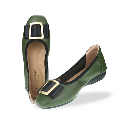 A full & side view of the Thomas Chan's Soft Calf Leather Ribbon Ballet Pumps in deep green, highlighting the 1-inch heel, wider fit design, and sleek silhouette.