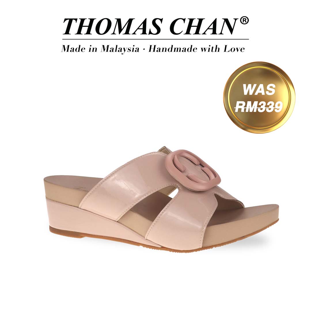 Thomas Chan Pink Pastel Simple Slide on Sandals in pink, featuring an elegant design and arch-support footbed. "THOMAS CHAN®" brand displayed with "Made in Malaysia · Handmade with Love" below. Gold and white banner highlights special offer: "WAS 339."