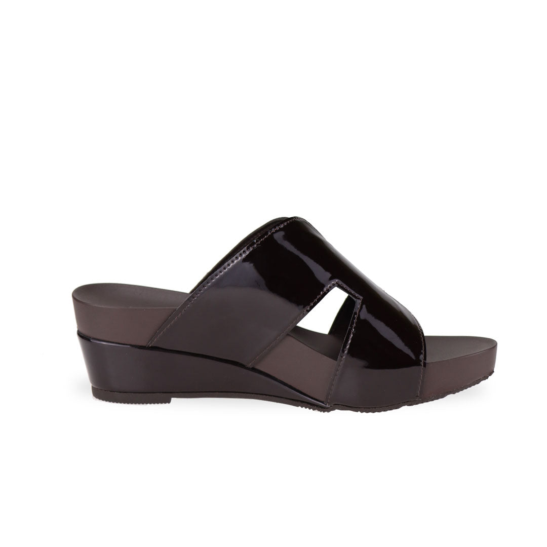 Side view of Thomas Chan dark brown colour comfortable H-strap low wedge slide sandals with arch support