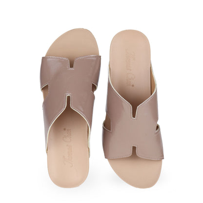 Front view of Thomas Chan light taupe color comfortable H-strap low wedge slide sandals with arch support