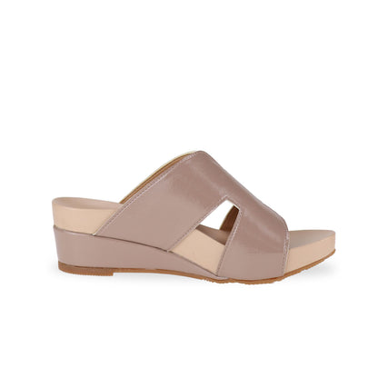 Side view of Thomas Chan light taupe color comfortable H-strap low wedge slide sandals with arch support