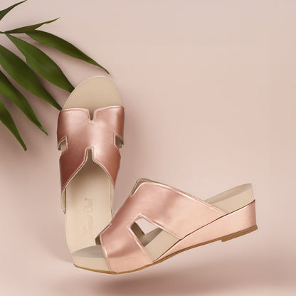 Thomas Chan ROSE GOLD colour h design cutout comfortable glossy wedge sandals for casual and daily wear