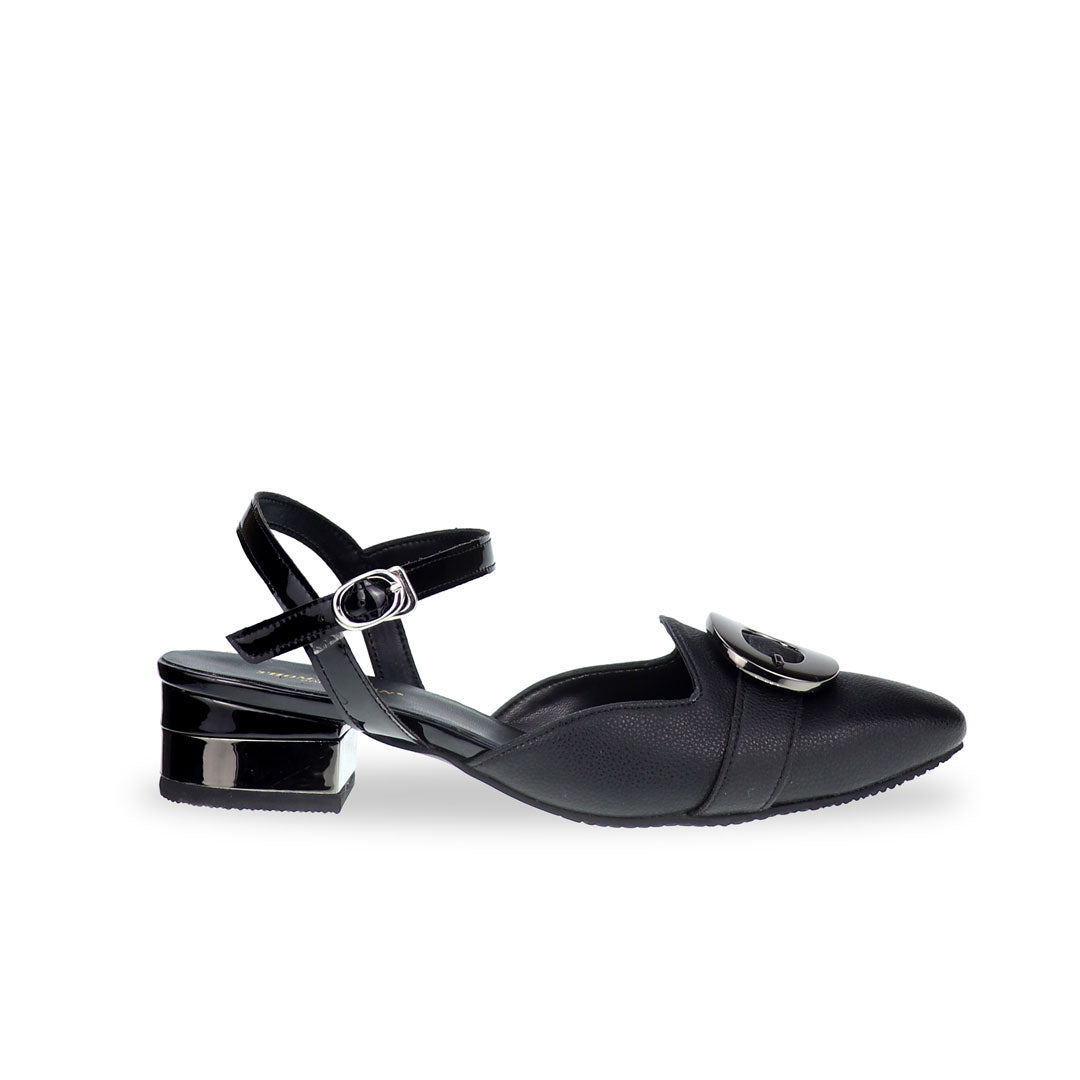 Side view of Thomas Chan's online exclusive Square Toe Ankle Strap Low Heels in classic black. The design features a sleek square toe, a convenient hook-and-loop buckle for easy wear, and a low heel, offering all-day comfort and timeless elegance. Perfect for versatile styling and everyday wear.