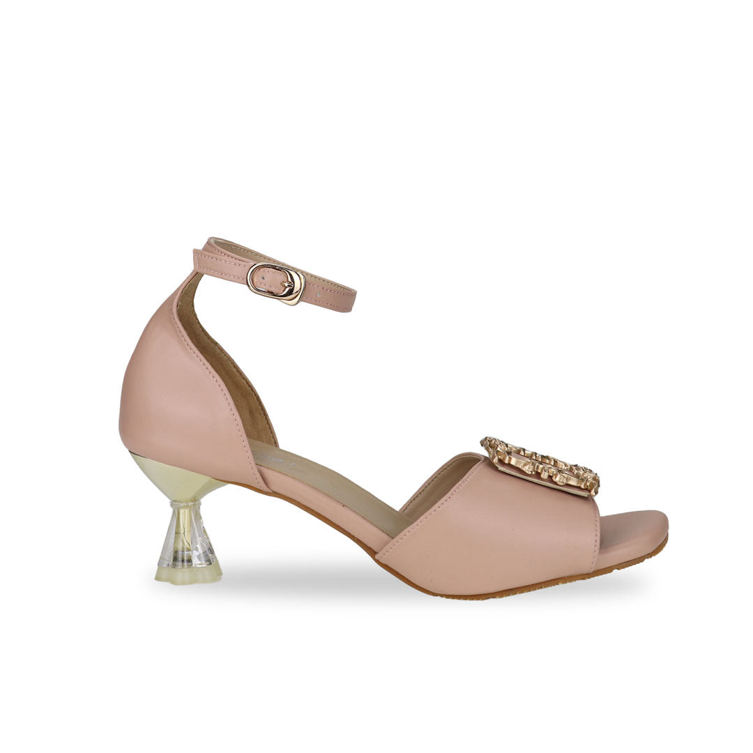 Side view of ankle-strap heeled sandals with vintage frame buckle in pink by Thomas Chan.