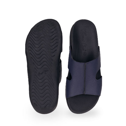 back view of Thomas Chan blue flip flop leather orthotic sandals for men featuring a simple cutout breathable design, featuring soft arch-support footbed