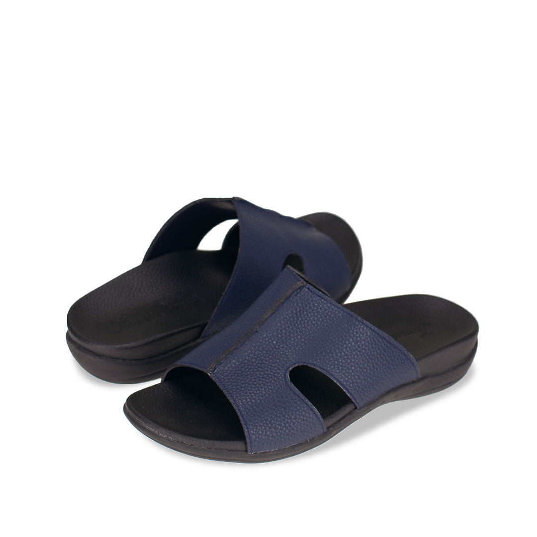 Full view of Thomas Chan blue flip flop leather orthotic sandals for men featuring a simple cutout breathable design, featuring soft arch-support footbed