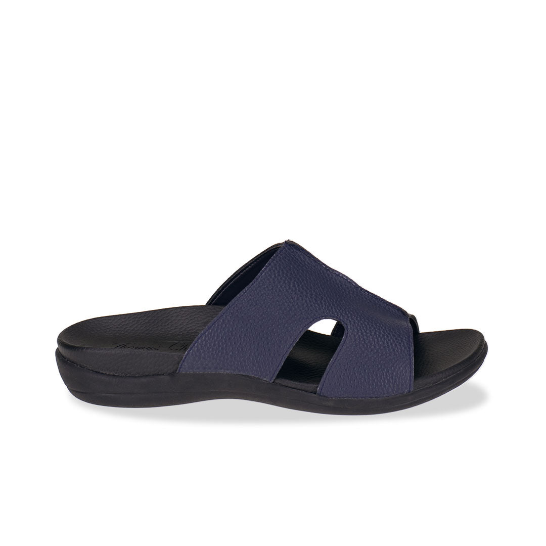  Side view of Thomas Chan blue flip flop leather orthotic sandals for men featuring a simple cutout breathable design, featuring soft arch-support footbed