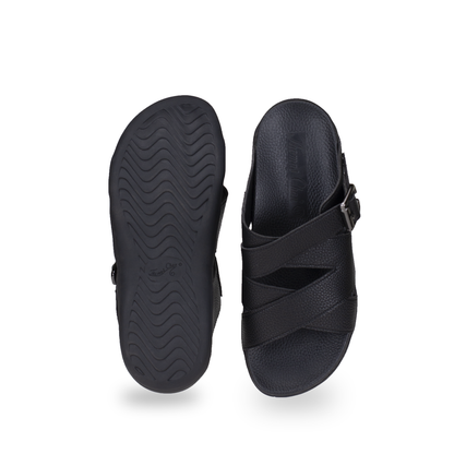 Front & Bottom view of Thomas Chan comfortable men leather flip flop sandal shoes with adjustable buckle and arch supporting orthotics footbed