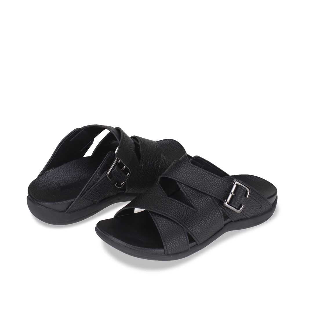 back view of Thomas Chan comfortable men leather flip flop sandal shoes with adjustable buckle and arch supporting orthotics footbed