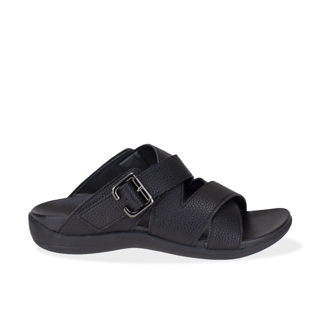 side view of Thomas Chan comfortable men leather flip flop sandal shoes with adjustable buckle and arch supporting orthotics footbed