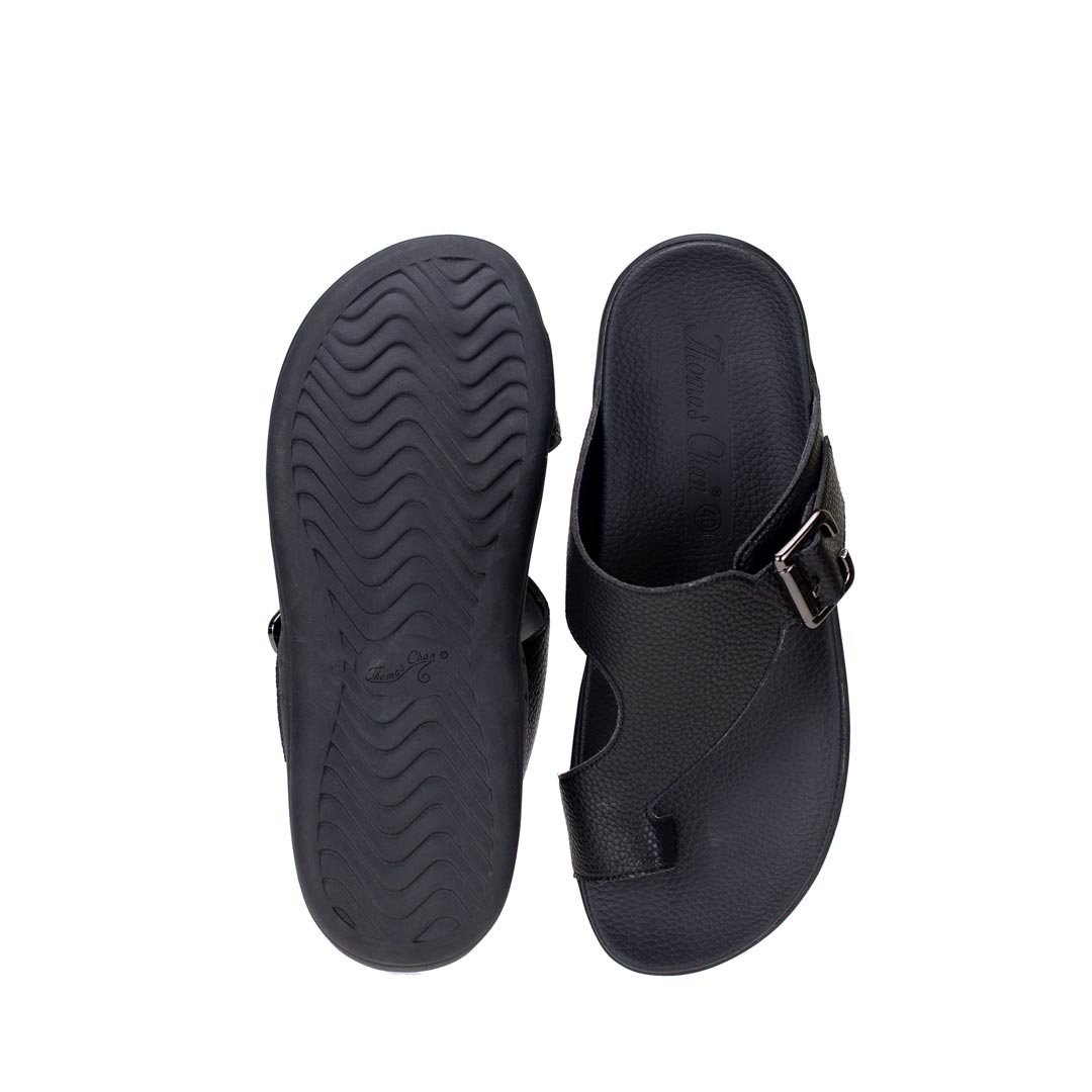 Front and back view of Thomas Chan Toe Loop Sandals with buckle in black colour, featuring a simple and easy matching style with arch support footbed.