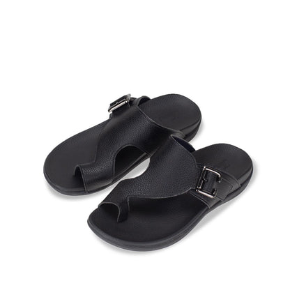 Diagonal view of Thomas Chan Toe Loop Sandals with buckle in black colour, featuring a simple and easy matching style with arch support footbed.