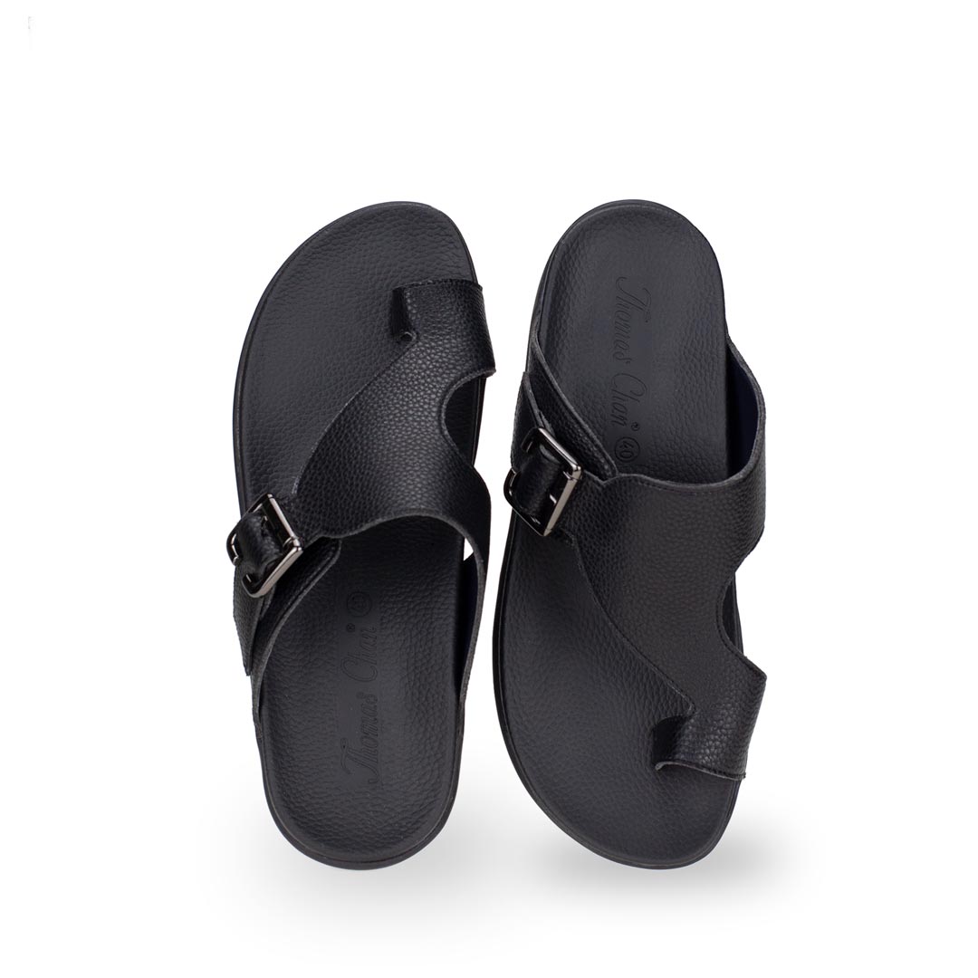 Front view of Thomas Chan Toe Loop Sandals with buckle in black colour, featuring a simple and easy matching style with arch support footbed.