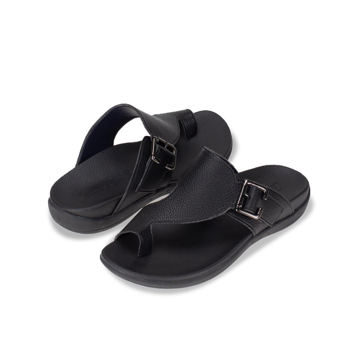 Full view of Thomas Chan Toe Loop Sandals with buckle in black colour, featuring a simple and easy matching style with arch support footbed.