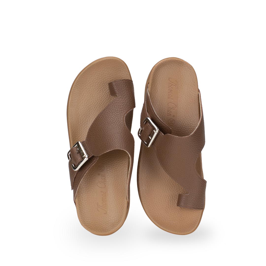 Front view of Thomas Chan Toe Loop Sandals with buckle in light brown colour, featuring a simple and easy matching style with arch support footbed.